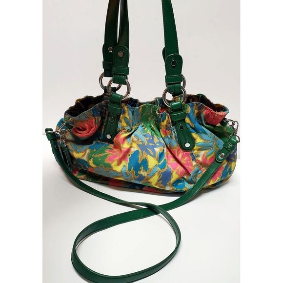 Nine West Handbag Colorful Batik Floral Pink/Teal/Yellow/Green 2 Handle Options - Picture 3 of 12